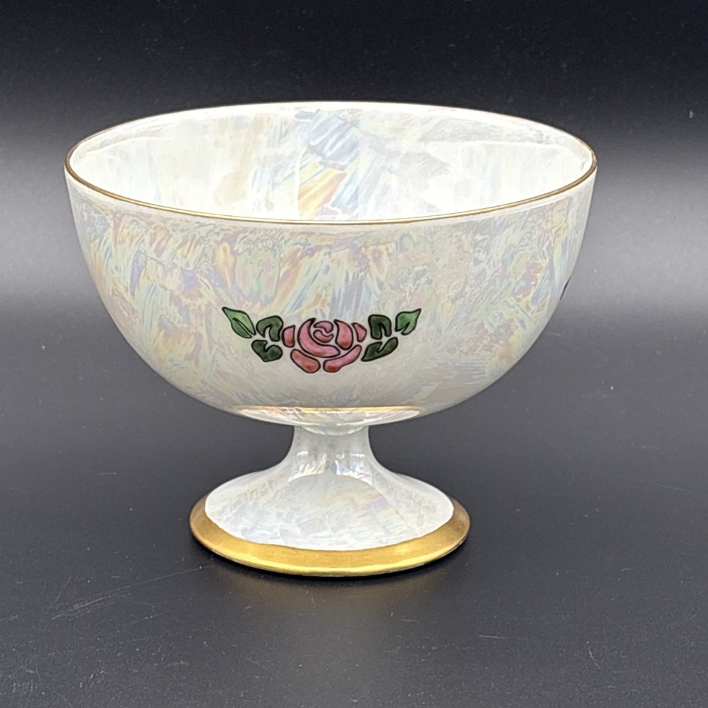 Vintage Czechoslovakia Lusterware Footed Compote Bowl Pink Cabbage Rose 1930s